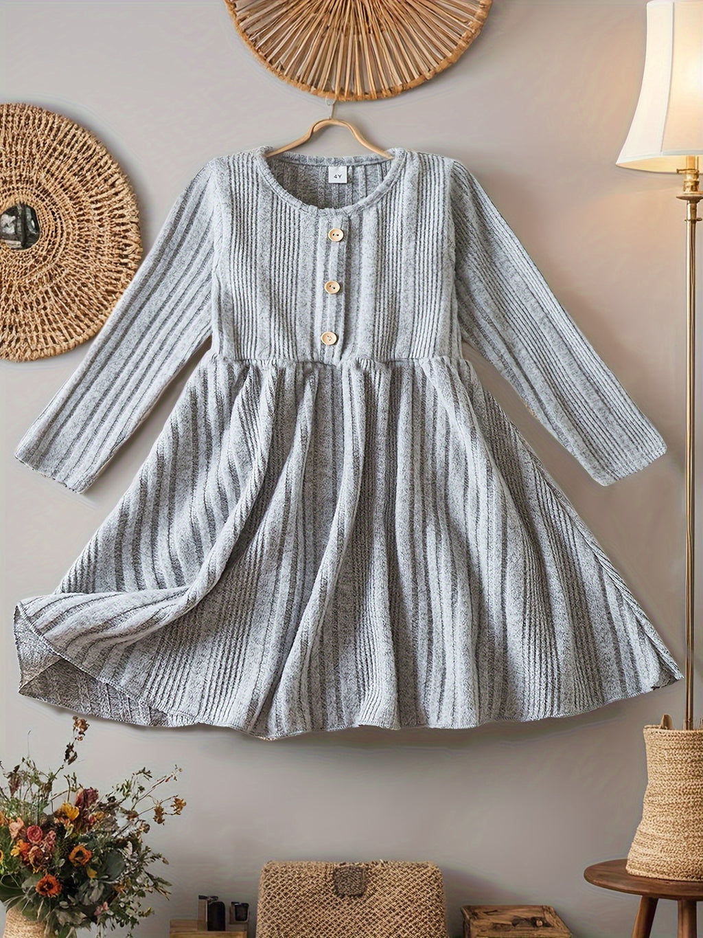 Toddler Girl Long Sleeve Knit Dress For Baby Girls Casual Kids Clothes Soft Slight Stretch Fabric, Button Decor Pleated Hem Perfect For Autumn Winter Seasons