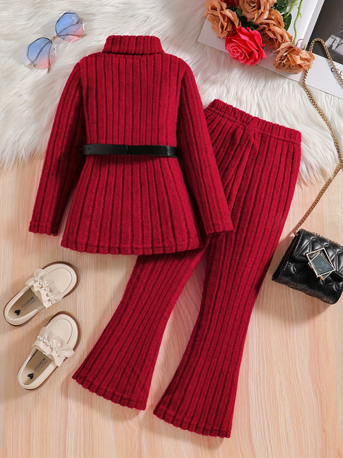 2pcs Girls' Elegant Lady Style Autumn/Winter Set: Soft Knit High-Neck Long-Sleeve Top with Waist Belt and Solid Color Elastic Waist Flared Pants, Simple Fashionable Comfortable Versatile Kids' Clothing for Girls, Perfect for