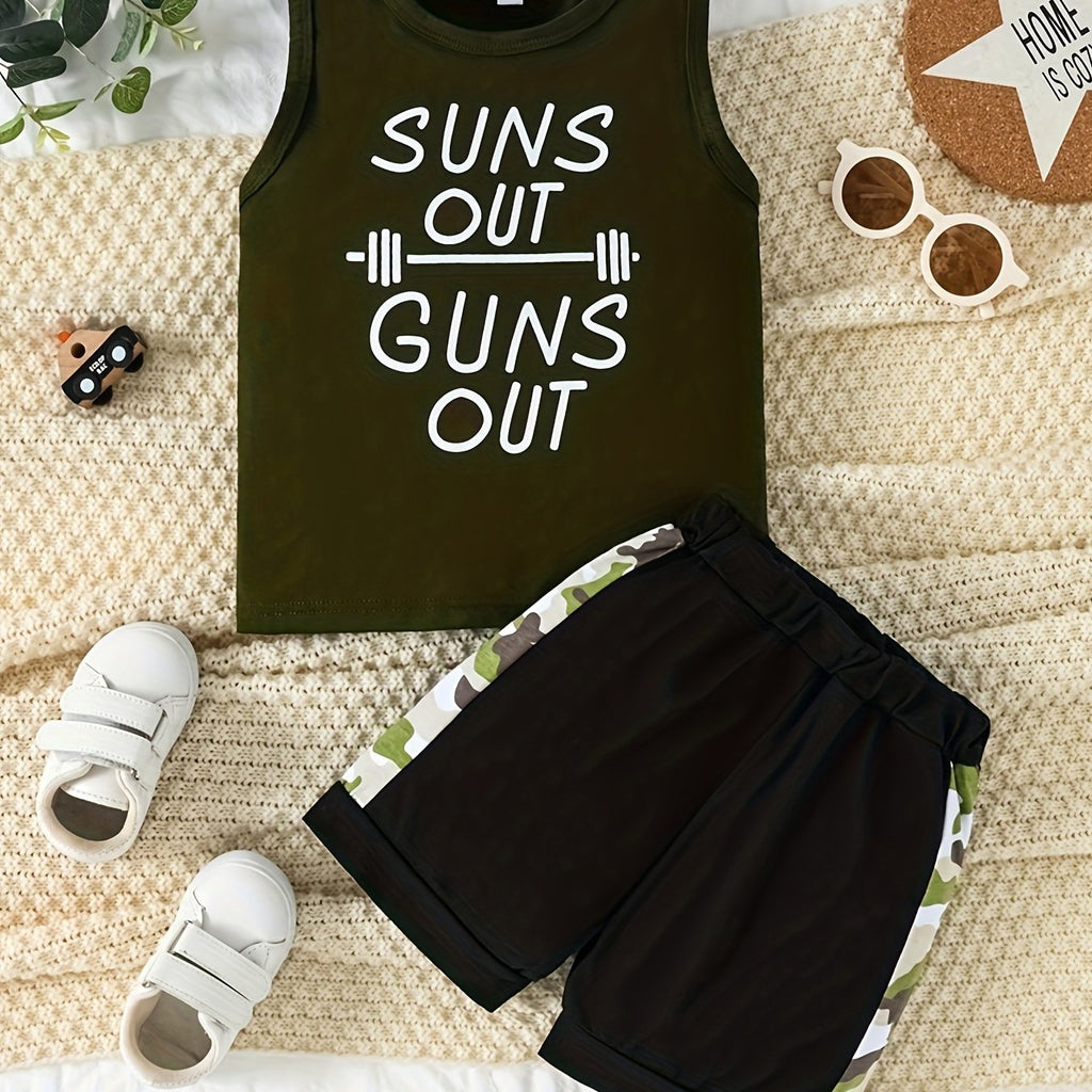 2pcs Letter Graphic Print Boys Creative Sleeveless Tank Tops&Shorts Set, Casual Crew Neck Fitness Vest&Shorts, Kids Clothing