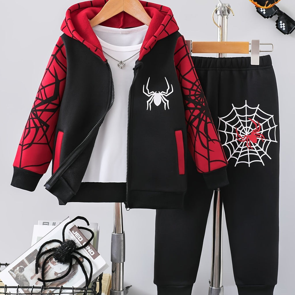 2-Piece Boys' Outfit, Casual Fashion Thickened Fleece with Spider Web Print, Hooded Zip-Up Sweatshirt and Pants Set, Comfortable Versatile Trendy Kids' Clothing, Ideal Gift for Autumn/Winter, Polyester Material, Regular Fit,