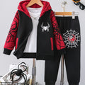 2-Piece Boys' Outfit, Casual Fashion Thickened Fleece with Spider Web Print, Hooded Zip-Up Sweatshirt and Pants Set, Comfortable Versatile Trendy Kids' Clothing, Ideal Gift for Autumn/Winter, Polyester Material, Regular Fit,