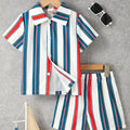 2pcs Boys Casual Stylish Striped Short Sleeve Lapel Shirt & Shorts Set, Comfy Summer Kids Clothing