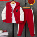 2pcs Boys Color Block Long Sleeve Drop Shoulder Varsity Hooded Baseball Jacket & Casual Pants Outfit for Spring Fall Outdoor Wear, Loose Fit Kids Clothing