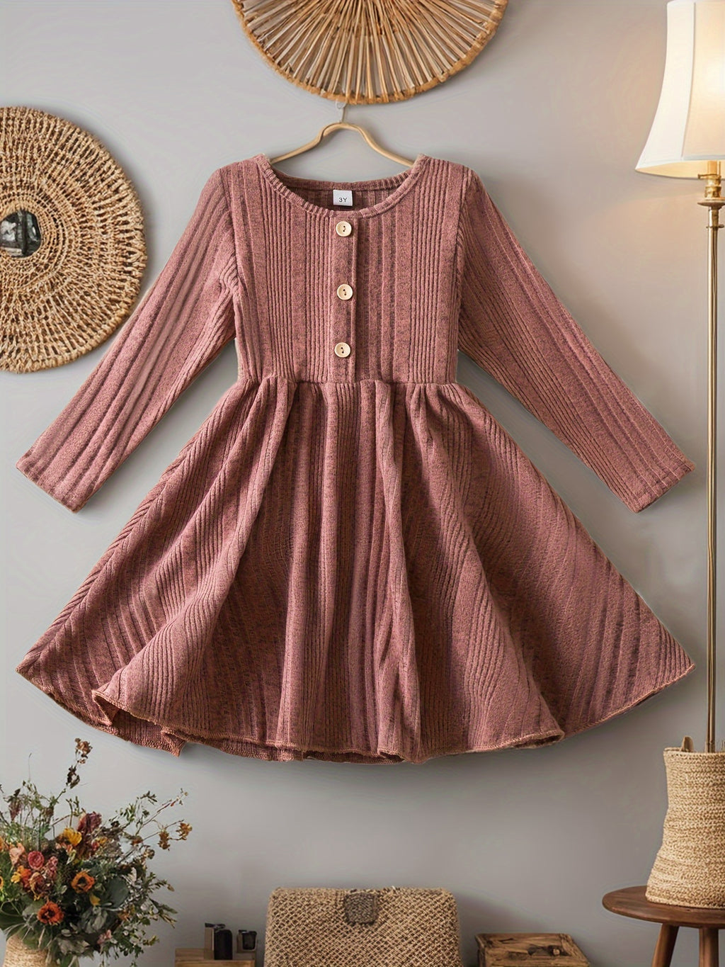 Toddler Girl Long Sleeve Knit Dress For Baby Girls Casual Kids Clothes Soft Slight Stretch Fabric, Button Decor Pleated Hem Perfect For Autumn Winter Seasons