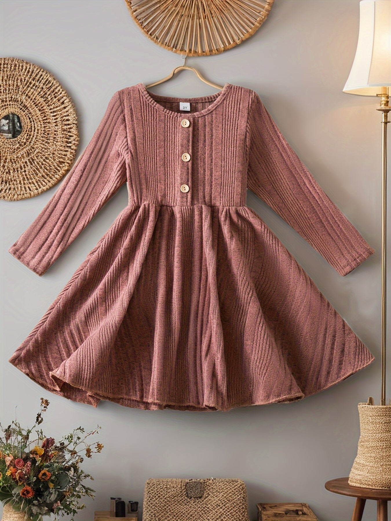 Toddler Girl Long Sleeve Knit Dress For Baby Girls Casual Kids Clothes Soft Slight Stretch Fabric, Button Decor Pleated Hem Perfect For Autumn Winter Seasons