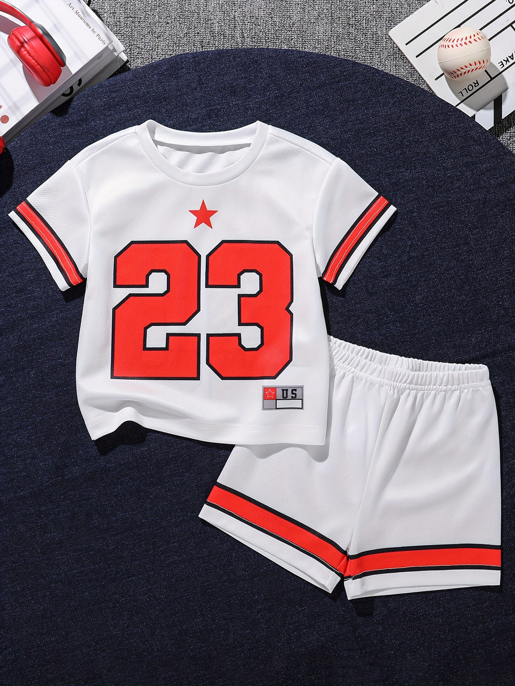 Boys' Digital Print Casual Short Sleeve Round Neck T-Shirt and Elastic Waist Shorts Set, Summer Kids Clothing, Baby Clothes, Toddler Tee, Children's Outfit, Suitable for Outdoor Wear, Perfect for Outdoor
