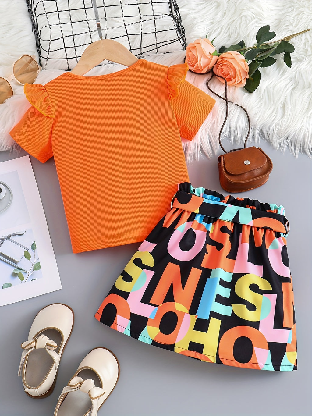 2 Pcs Girls' Ruffle Short Sleeve Tee & Letter Print Mini Skirt Set - Skirt Sets for Casual Daily Holiday Vacation Outfit, Kids Summer Clothes with Ribbed Top and Mini Skirt Design
