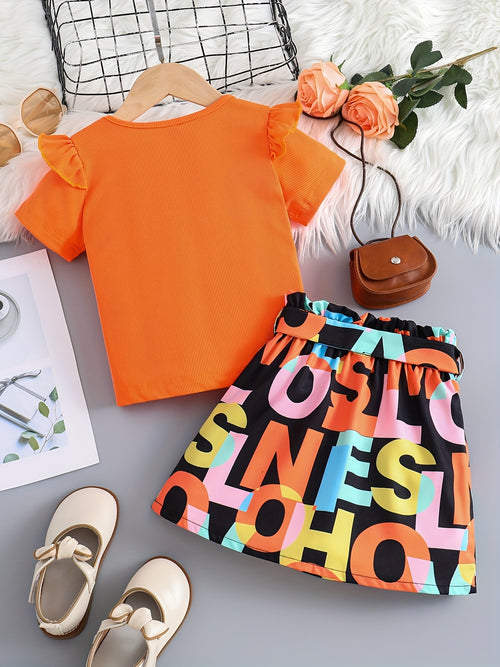 2 Pcs Girls' Ruffle Short Sleeve Tee & Letter Print Mini Skirt Set - Skirt Sets for Casual Daily Holiday Vacation Outfit, Kids Summer Clothes with Ribbed Top and Mini Skirt Design