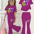 Girls' Magenta Outfit: Number 67 Dripping Dessert Print Short-Sleeve Top+ Flared Pants, Sweet Fun Casual 2pcs Set, Comfortable Breathable Summer Kids' Clothing, Perfect for Outdoor