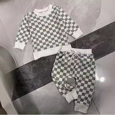 Boys' Chessboard Plaid Sweater Trousers Suit