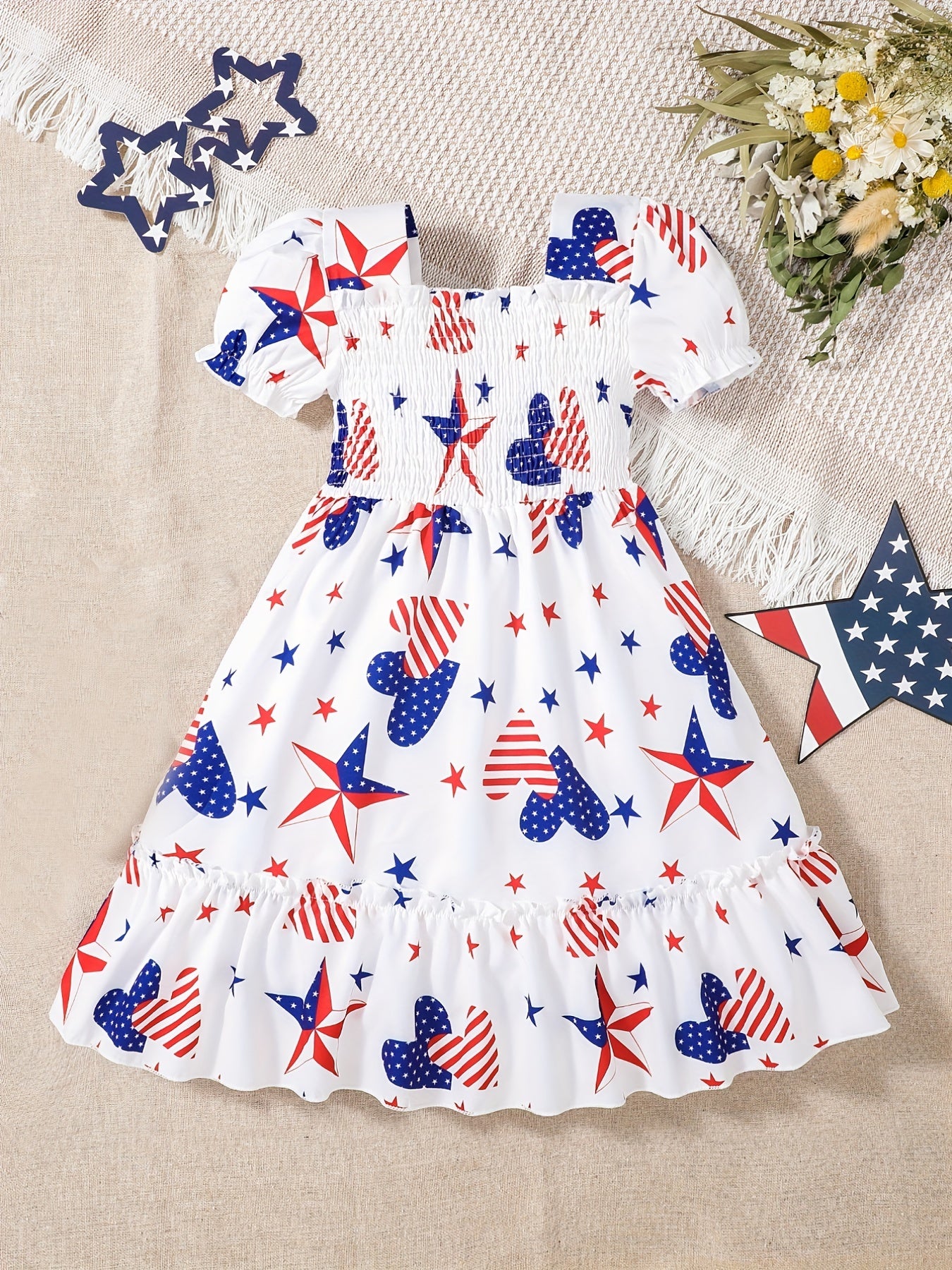 Toddler Girls Puff Sleeve Frill Trim Shirred Striped Pentagram Heart Graphic Ruffled Hem Princess Dress For Independence Day Party Kids Summer Clothes