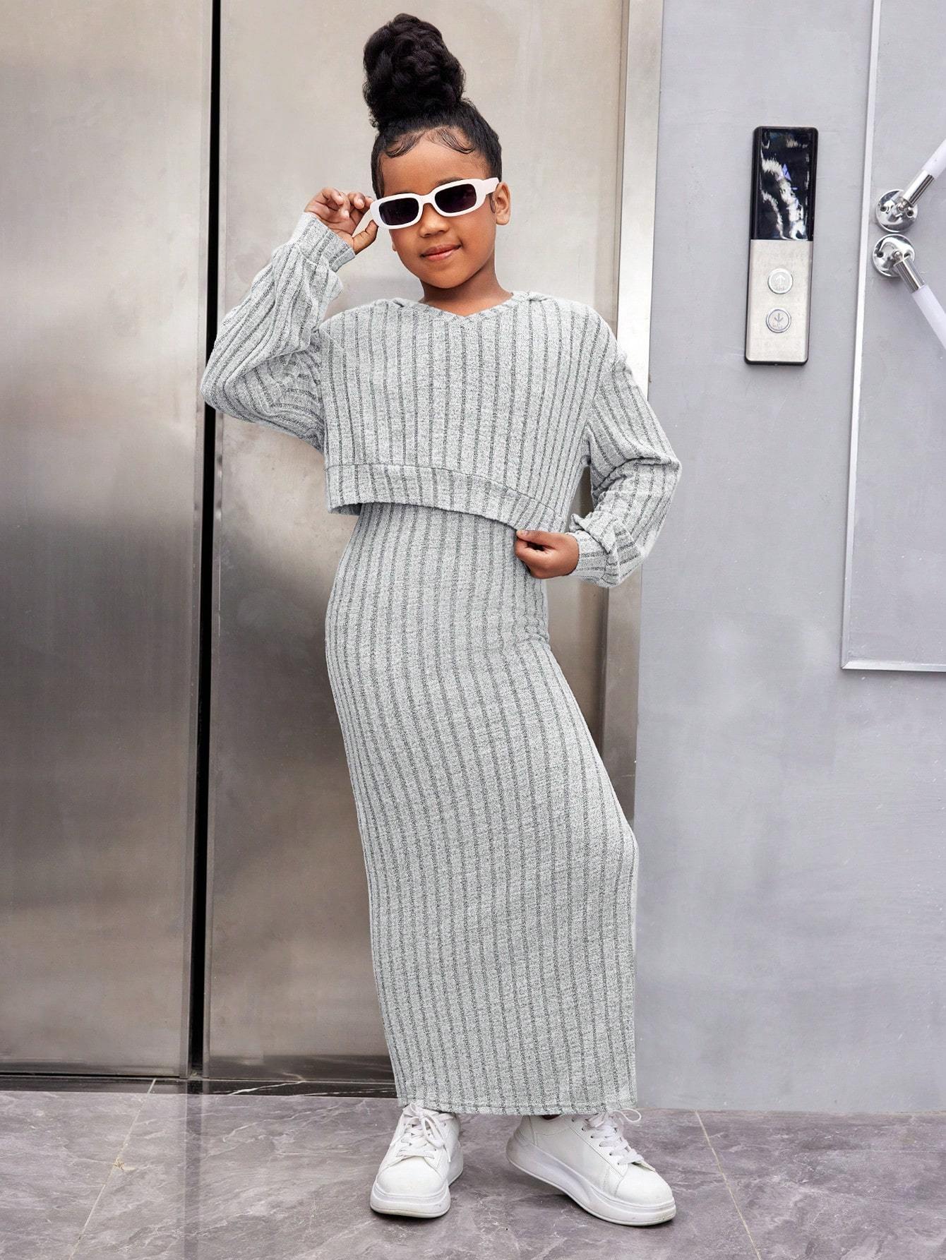 Tween Fashion Casual Versatile Velvet Ribbed V-Neck Hooded Loose Crop Top & Fitted Long Dress 2pcs Set, Perfect for: Young Teens, Style: Fashion, Season: Fall/Winter, Fall Winter Clothing, Stylish Outfit, Trendy Fashion, Qual