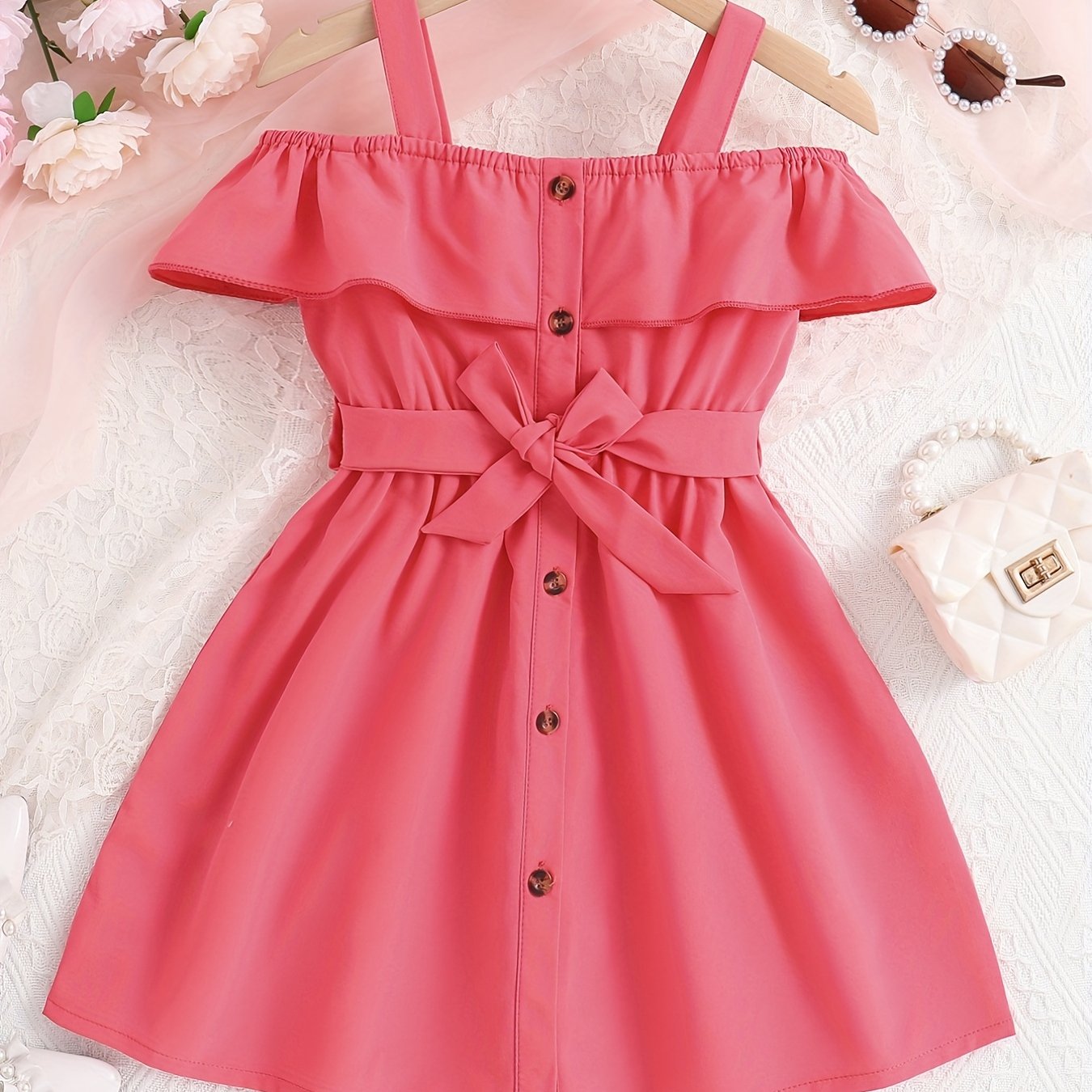 Toddler Girls Ruffle Trim Cold Shoulder Button Belted Princess Dress For Party Beach Vacation Kids Summer Clothes