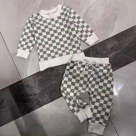 Boys' Chessboard Plaid Sweater Trousers Suit