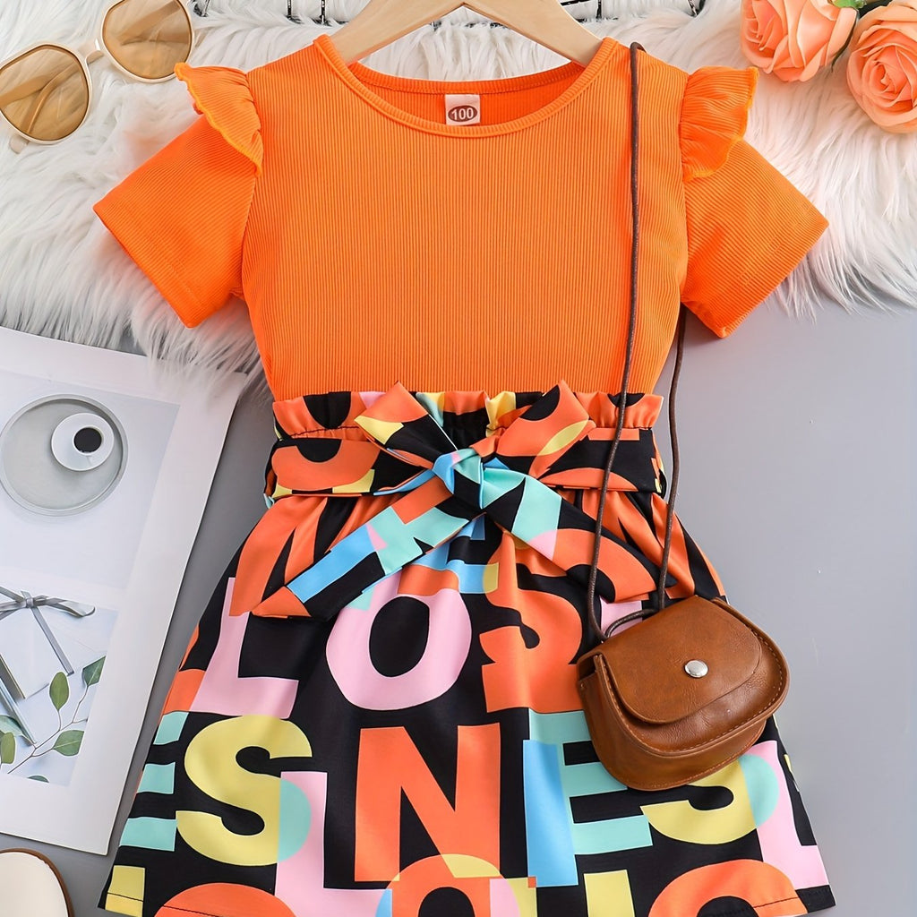 2 Pcs Girls' Ruffle Short Sleeve Tee & Letter Print Mini Skirt Set - Skirt Sets for Casual Daily Holiday Vacation Outfit, Kids Summer Clothes with Ribbed Top and Mini Skirt Design