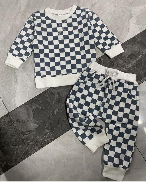 Boys' Chessboard Plaid Sweater Trousers Suit