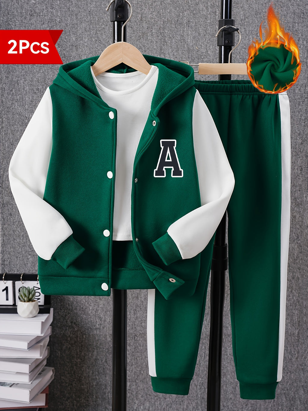 2pcs Boys Color Block Long Sleeve Drop Shoulder Varsity Hooded Baseball Jacket & Casual Pants Outfit for Spring Fall Outdoor Wear, Loose Fit Kids Clothing