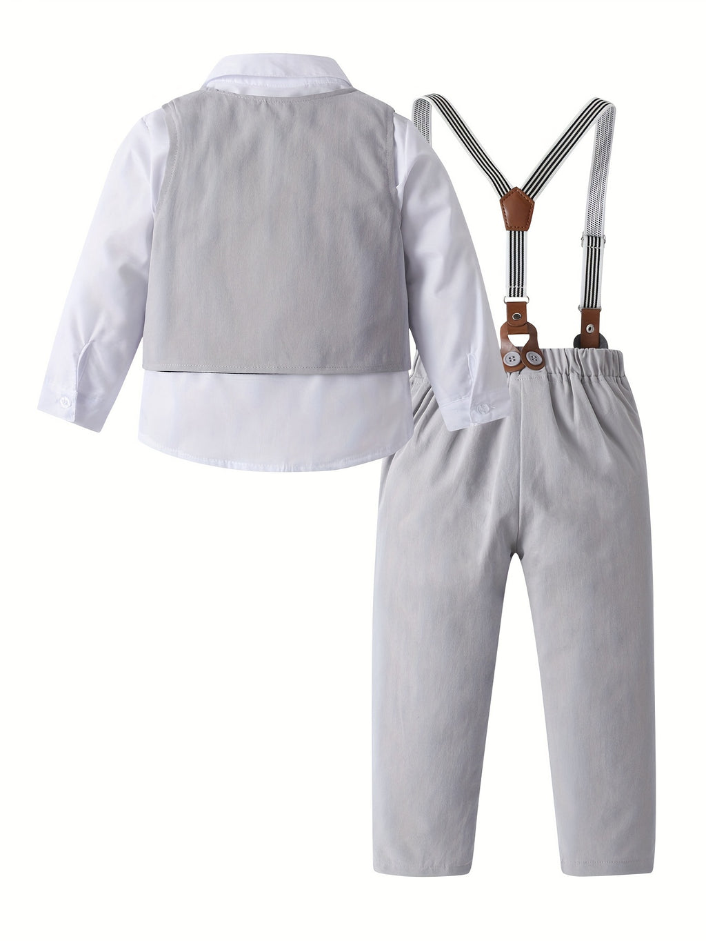 3ocs Boys Formal Gentleman Outfits, Long Sleeve Leaves Print Bowtie Shirt & Suspender Pants & Vest, Kids Clothing Set For Competition Performance Wedding Banquet Dress Outdoor Set