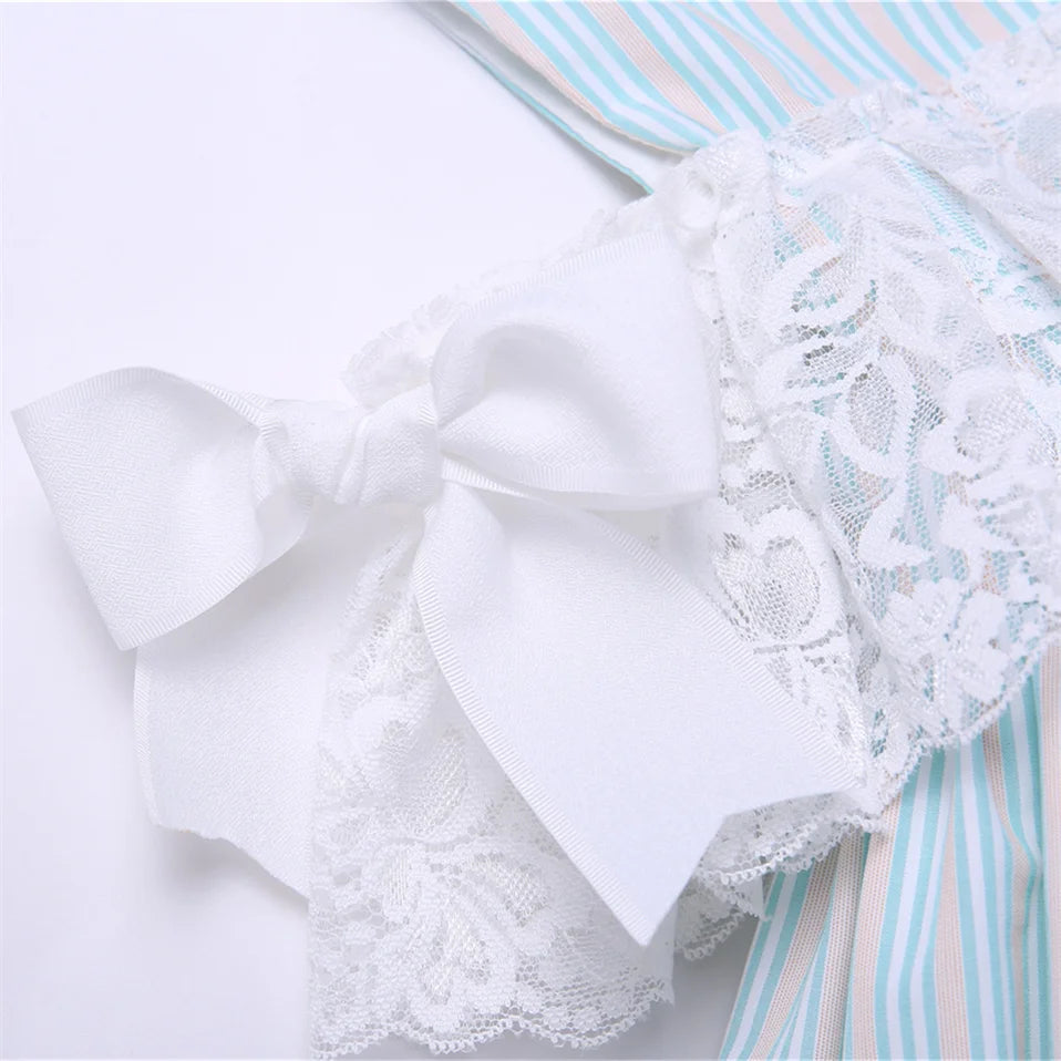 Pettigirl Wholesale Girls Dress Kid Lace Bridesmaid Princess Delicate Blue Striped Party Summer Casual Children Clothes 2 to 12Y