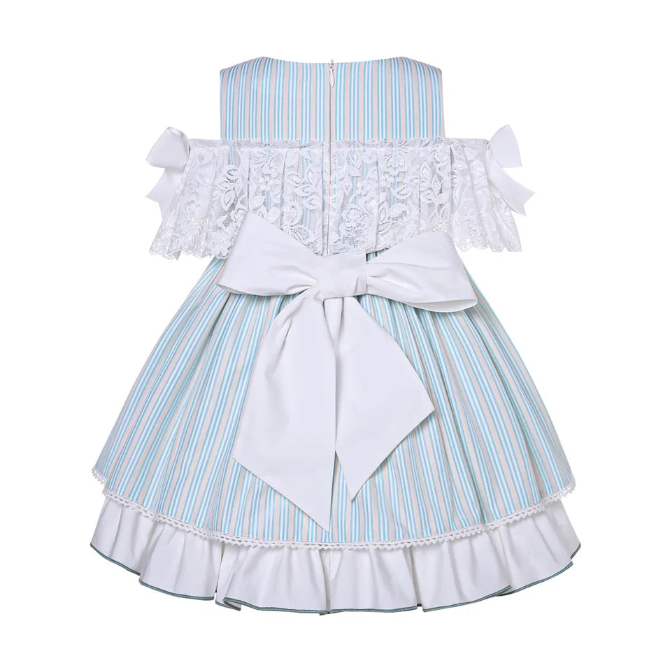 Pettigirl Wholesale Girls Dress Kid Lace Bridesmaid Princess Delicate Blue Striped Party Summer Casual Children Clothes 2 to 12Y
