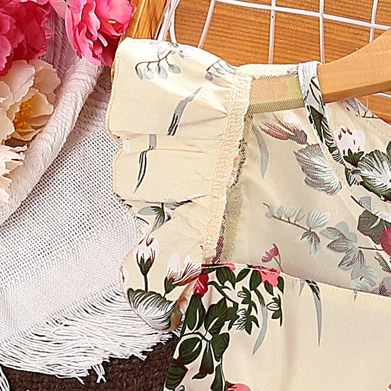 Summer Children Clothes Wholesale Fly Sleeve Floral Print Mesh Patchwork Cake Skirt Girls Princess Dress