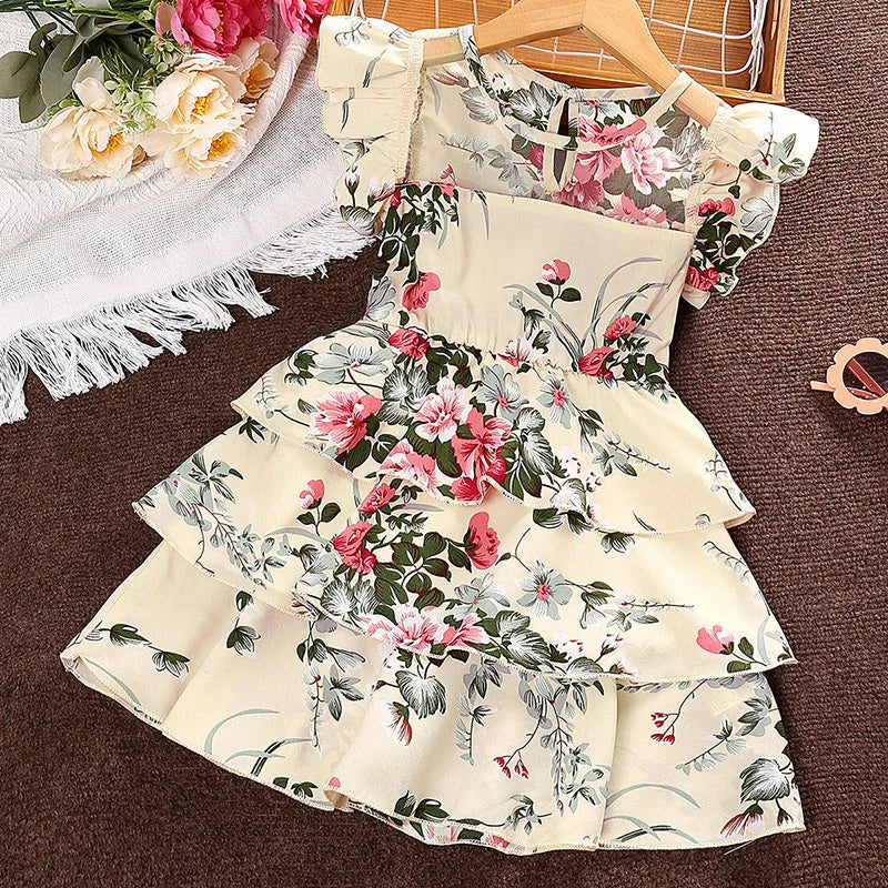 Summer Children Clothes Wholesale Fly Sleeve Floral Print Mesh Patchwork Cake Skirt Girls Princess Dress