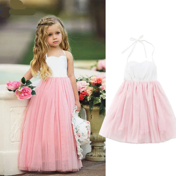 Hot Sale Summer Baby Girls Princess Party Dress Flower Children Clothes Maxi Net Gauze Pompous Skirt Girls Halter Dress