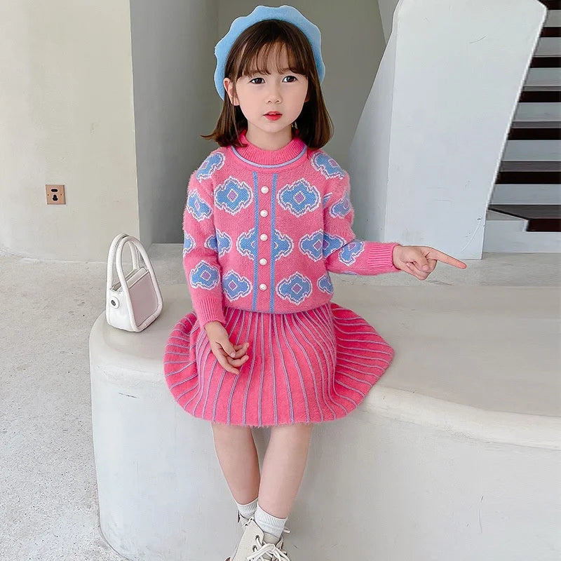Girls Baby Knitted Clothes Sets Fashion Winter Sweaters Tops Ruffles Skirt Outfits Beading Children Clothes Suit