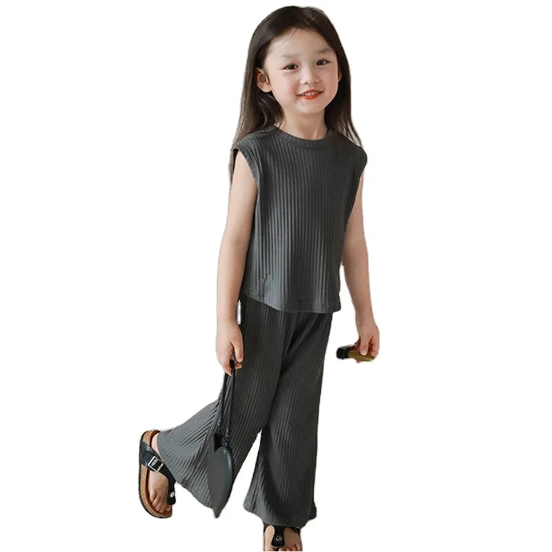 Children's Sleeveless Girls Clothing Sets Spring Summer 100% Cotton Cartoon Smart Casual Wholesale Customized Logo
