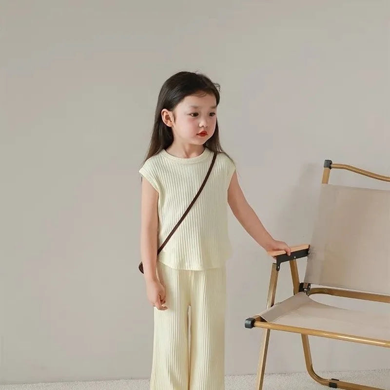 Children's Sleeveless Girls Clothing Sets Spring Summer 100% Cotton Cartoon Smart Casual Wholesale Customized Logo