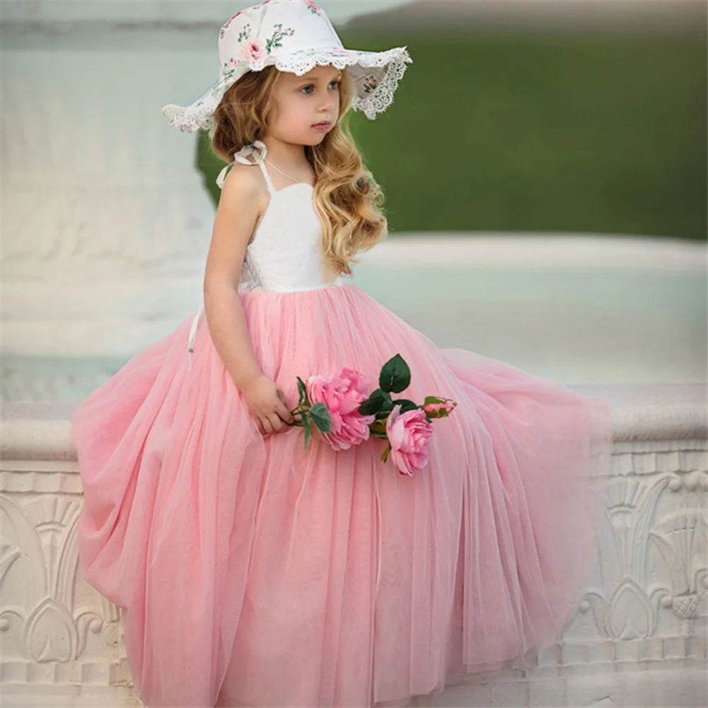 Hot Sale Summer Baby Girls Princess Party Dress Flower Children Clothes Maxi Net Gauze Pompous Skirt Girls Halter Dress