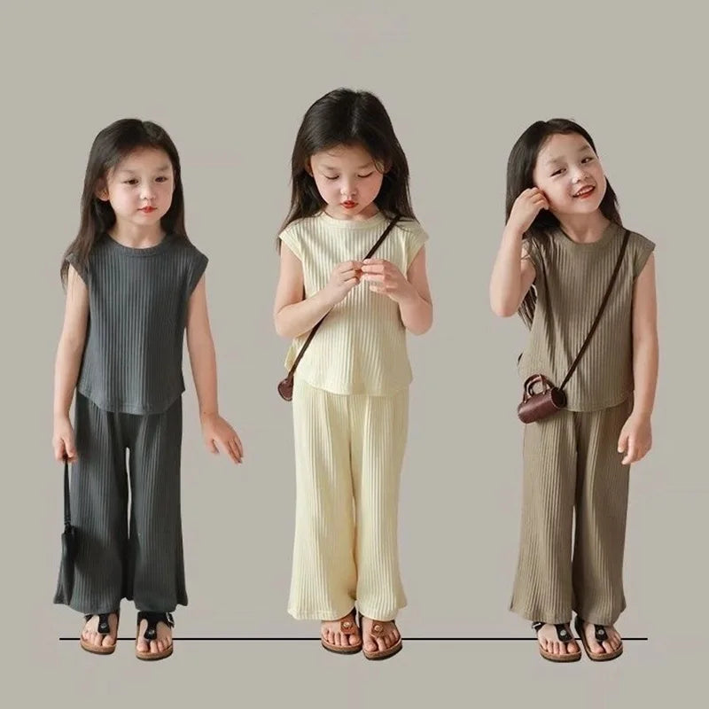 Children's Sleeveless Girls Clothing Sets Spring Summer 100% Cotton Cartoon Smart Casual Wholesale Customized Logo