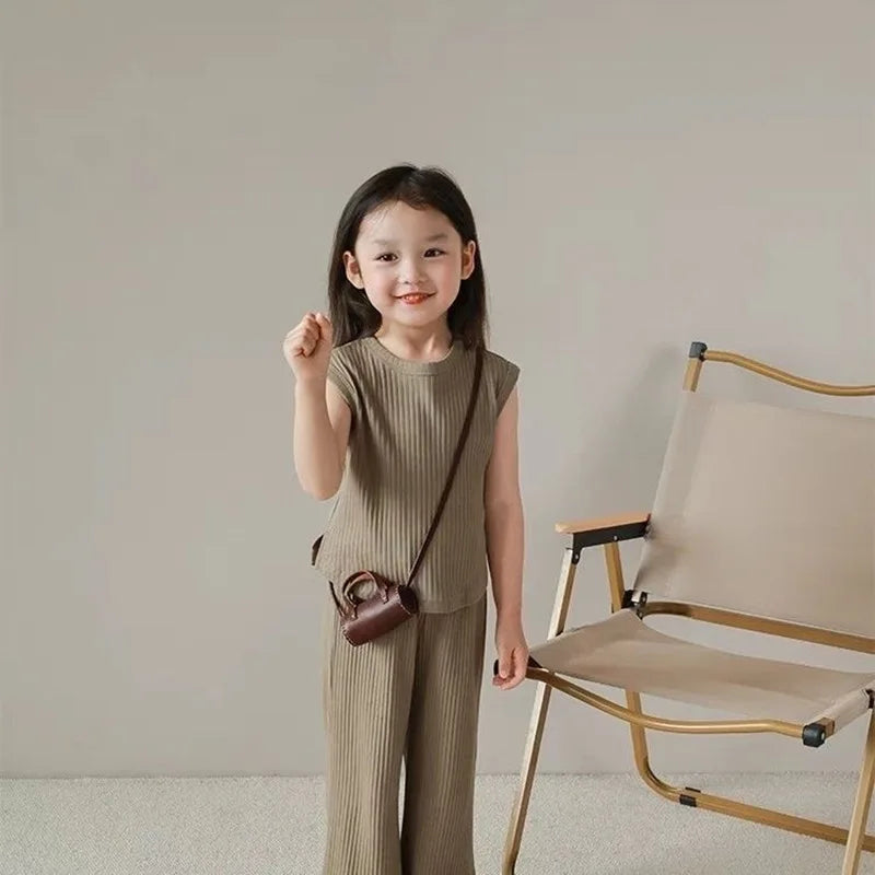 Children's Sleeveless Girls Clothing Sets Spring Summer 100% Cotton Cartoon Smart Casual Wholesale Customized Logo