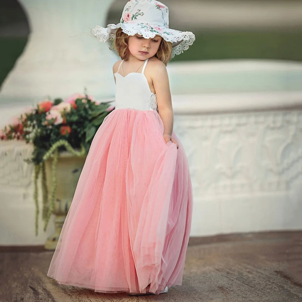 Hot Sale Summer Baby Girls Princess Party Dress Flower Children Clothes Maxi Net Gauze Pompous Skirt Girls Halter Dress