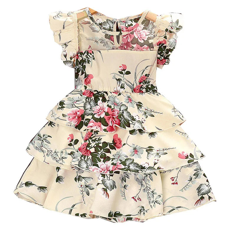 Summer Children Clothes Wholesale Fly Sleeve Floral Print Mesh Patchwork Cake Skirt Girls Princess Dress