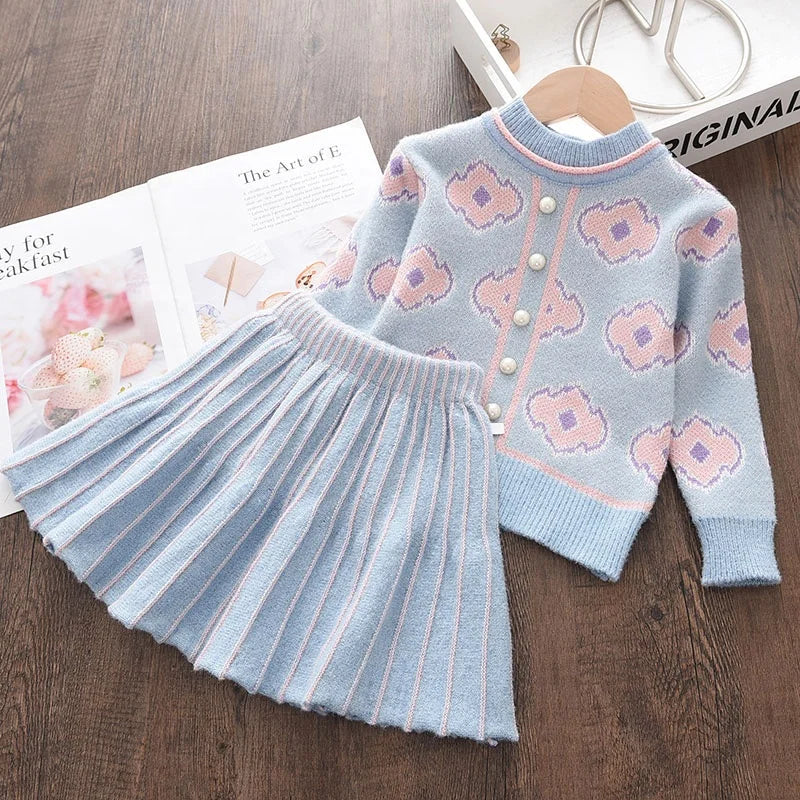 Girls Baby Knitted Clothes Sets Fashion Winter Sweaters Tops Ruffles Skirt Outfits Beading Children Clothes Suit
