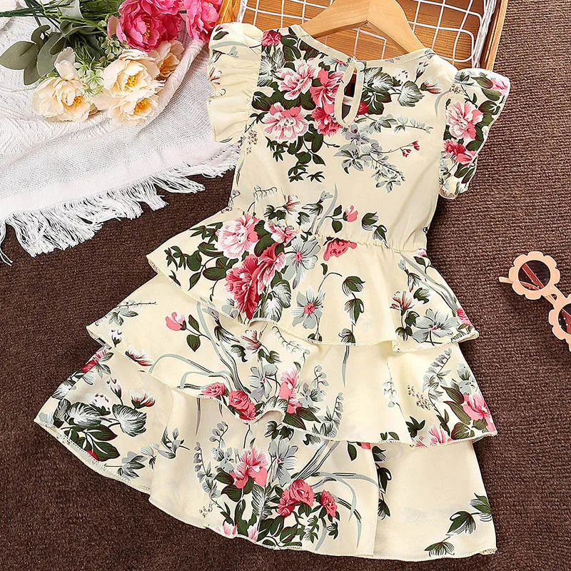 Summer Children Clothes Wholesale Fly Sleeve Floral Print Mesh Patchwork Cake Skirt Girls Princess Dress