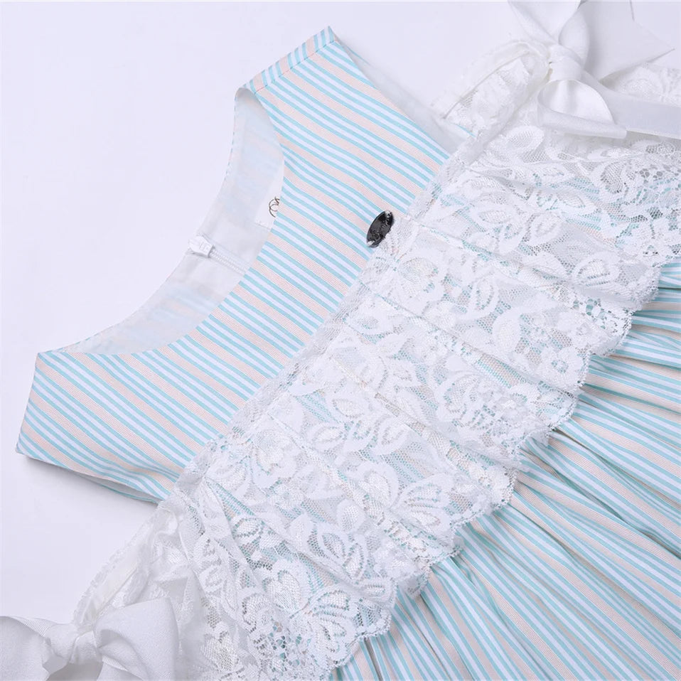 Pettigirl Wholesale Girls Dress Kid Lace Bridesmaid Princess Delicate Blue Striped Party Summer Casual Children Clothes 2 to 12Y