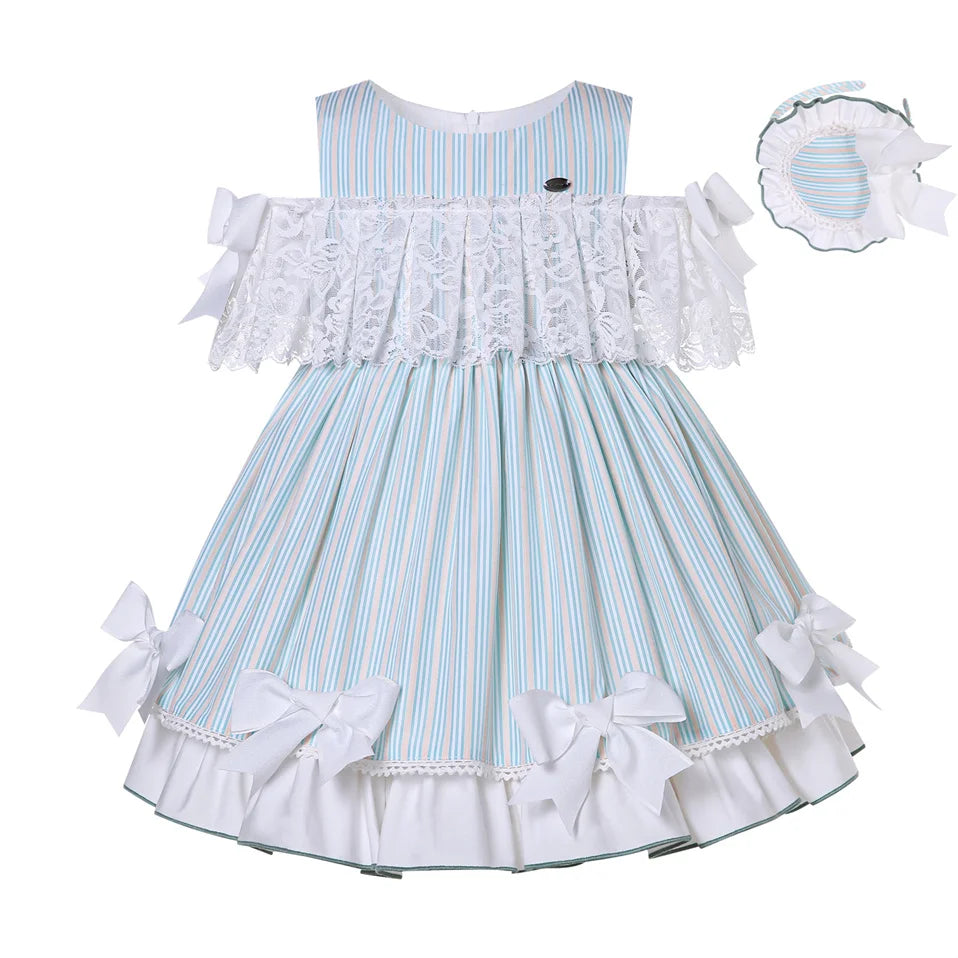 Pettigirl Wholesale Girls Dress Kid Lace Bridesmaid Princess Delicate Blue Striped Party Summer Casual Children Clothes 2 to 12Y