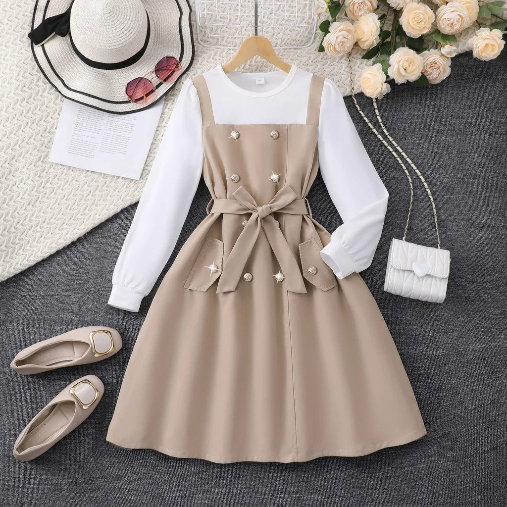 Kids Girl Khaki Dress Long Sleeve School Children Dresses Fashion Vacation Party Retro British Teen Girls Dress 8 9 10 11 12 Yrs