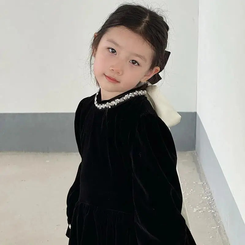 Children Clothing 2025 Autumn and Winter New Black Velvet Dress Girls Temperament High-end Hepburn Style Princess Dress