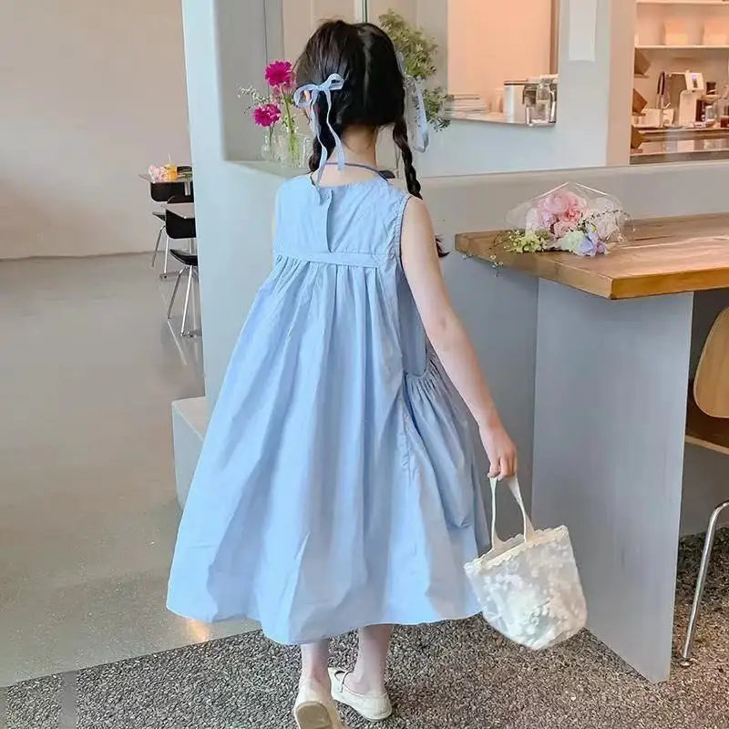 KIDCRKJ Summer 2-12 Years Children Girls Dress Solid Ruched Sleeveless Pockets Kids Girls Dress Sweet Loose Teenager Girls Dress