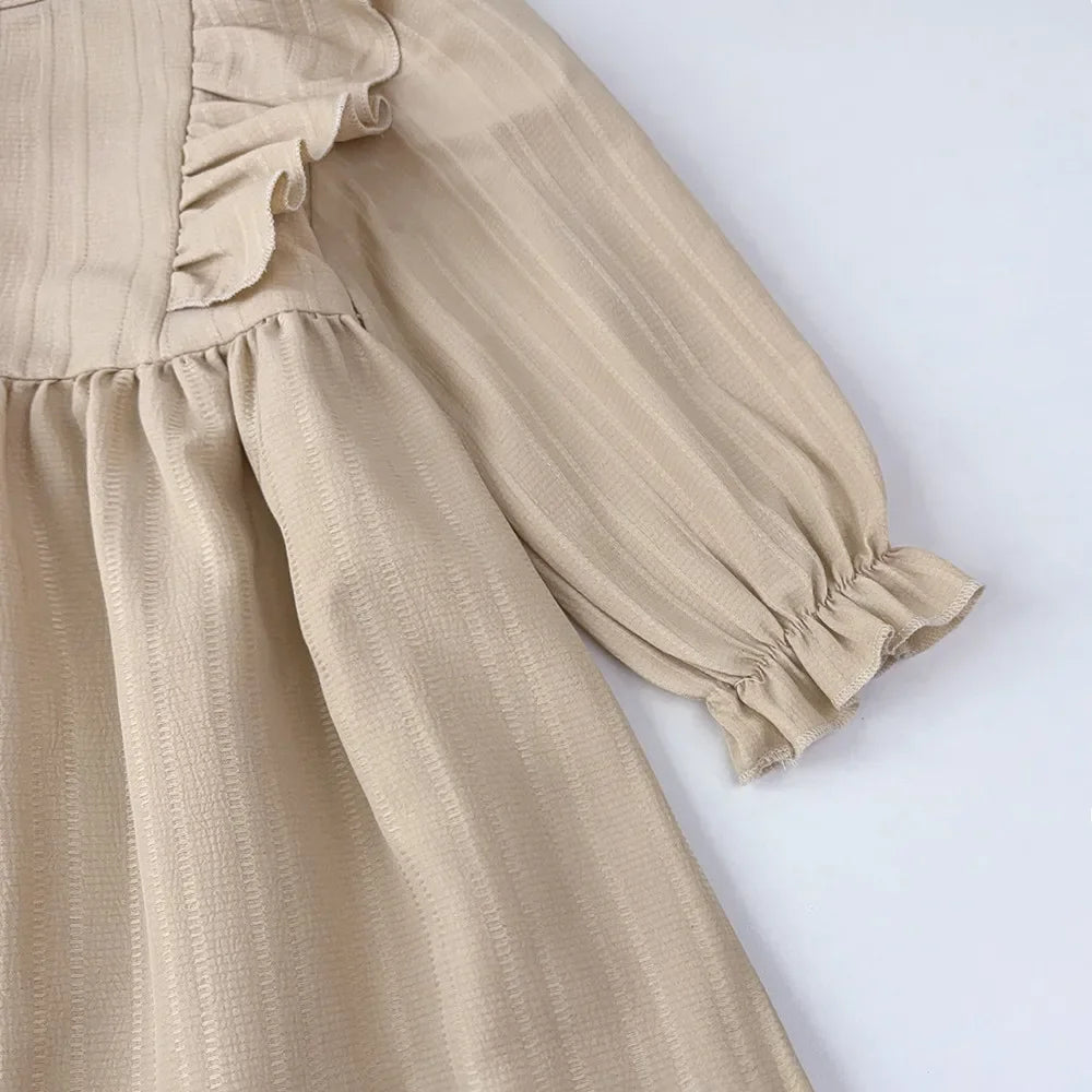 Kids Clothes Autumn Round Neck Long Sleeved Pleated Edge Solid Color Dress Children's Daily Casual Wear 3-7Y Girl Dresses