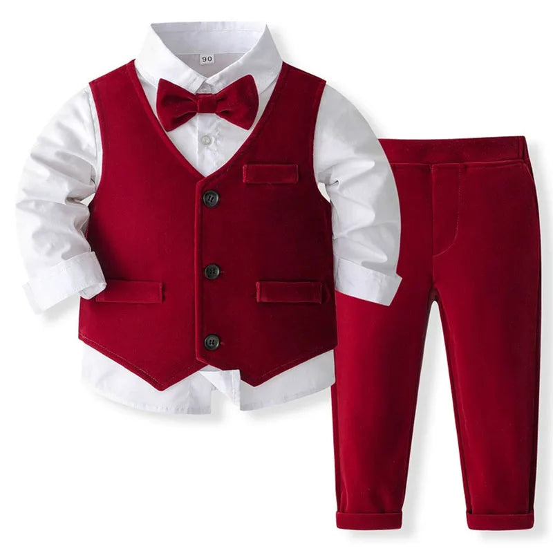 4Piece Baby Set Spring Fall Toddler Boy Clothing Korean Fashion Gentleman Tie Suede Vest+Tops+Pants Kids Boutique Clothes B003