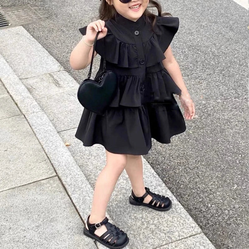 Children's Clothing Girls' Summer Dress Kids Black Fly Sleeved Dress Girls Fashion Kids Outfit Layered Dresses For Girls