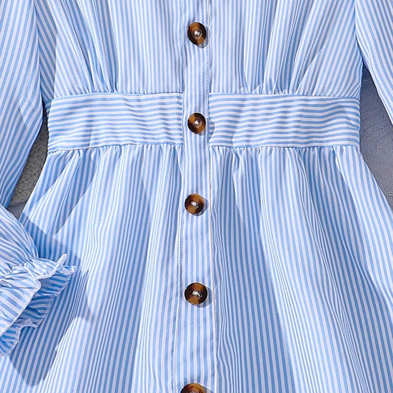 Kids Casual Dress for Girls Clothes Autumn Winter 2024 New Child Fashion V-neck Long Sleeve Blue Striped Princess Dress 7-8Y