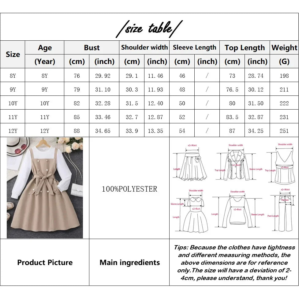 Kids Girl Khaki Dress Long Sleeve School Children Dresses Fashion Vacation Party Retro British Teen Girls Dress 8 9 10 11 12 Yrs