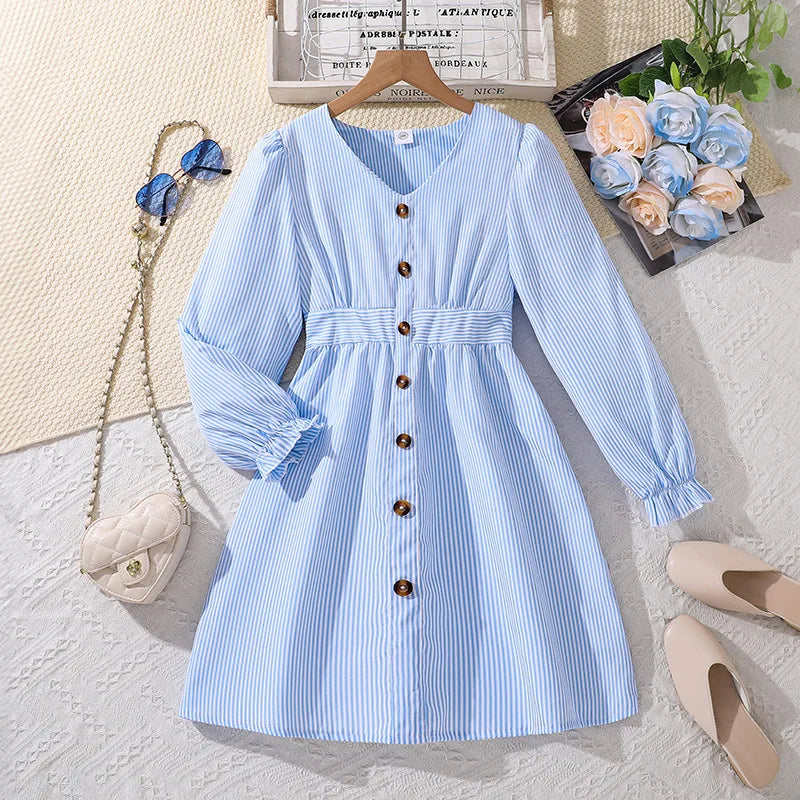 Kids Casual Dress for Girls Clothes Autumn Winter 2024 New Child Fashion V-neck Long Sleeve Blue Striped Princess Dress 7-8Y