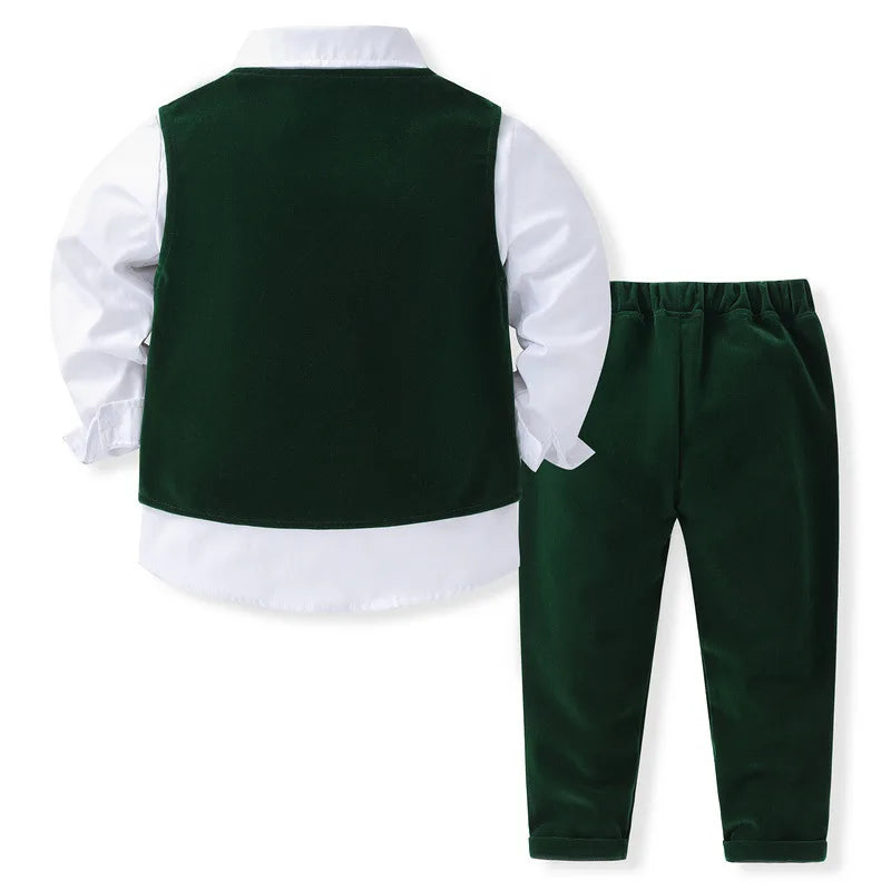4Piece Baby Set Spring Fall Toddler Boy Clothing Korean Fashion Gentleman Tie Suede Vest+Tops+Pants Kids Boutique Clothes B003