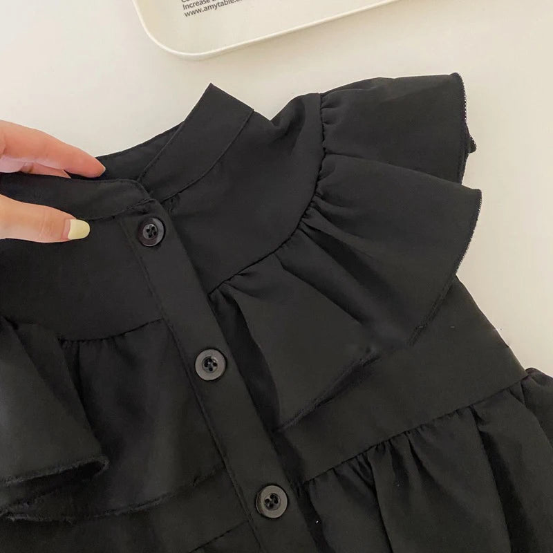 Children's Clothing Girls' Summer Dress Kids Black Fly Sleeved Dress Girls Fashion Kids Outfit Layered Dresses For Girls